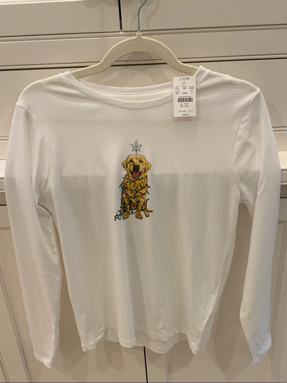J. Crew White Long-Sleeve Dog Tee with Yellow Lab and Multicolor Lights